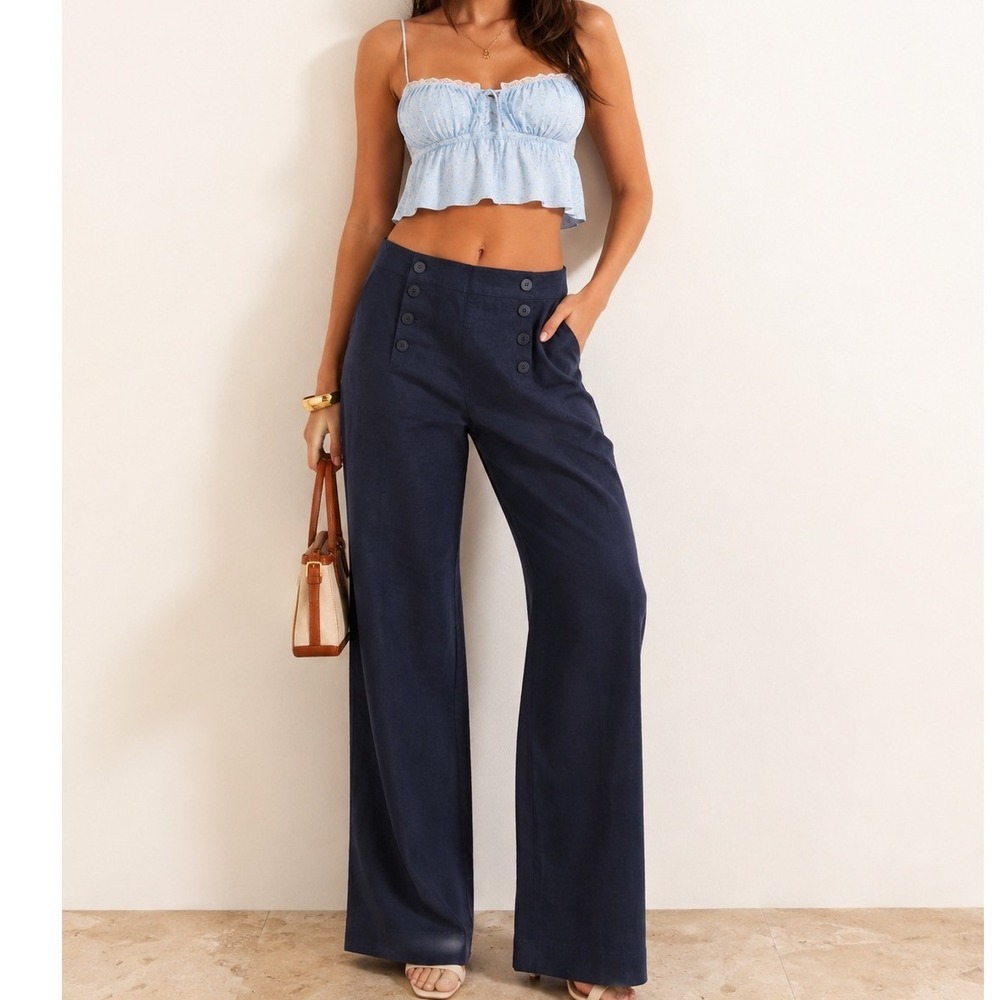 Max Studio 100% Linen Sailor Button Wide Leg Pants Navy Size 12